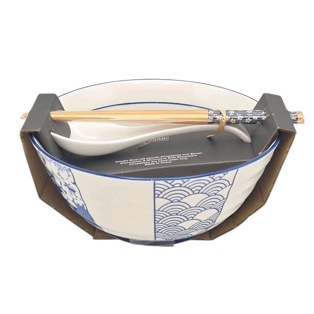 SH Home Blue Ivory Wave Floral Ceramic Noodle Ramen Bowl 49oz Chopsticks Spoon